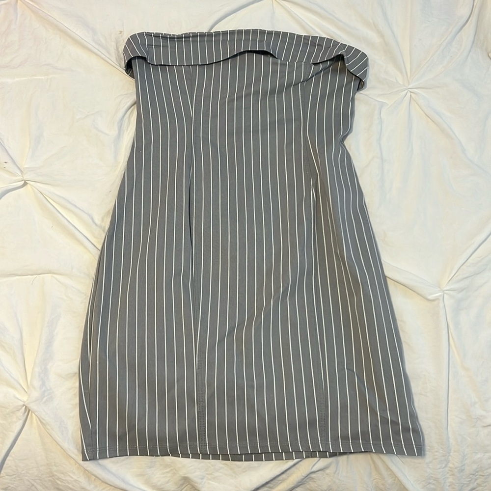 Gray and white, striped strapless dress.